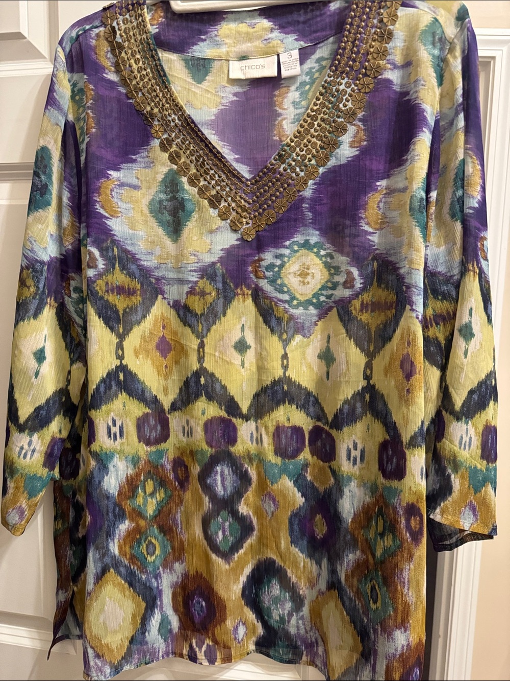Chico's Purple & Yellow Beaded V-Neck Tunic Top